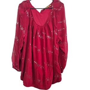 Valerie Stevens Woman Red Sequin Striped Chiffon Blouse Plus Size 2X Holiday Top